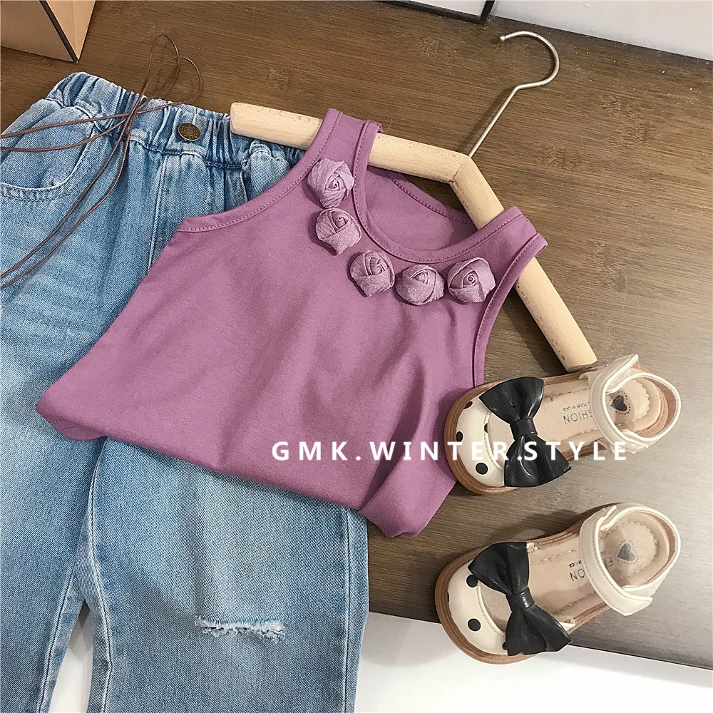 Girls' Summer Three-dimensional Flower Vest Thin Purple Sleeveless Base Shirt Korean Version Children's Ripped Jeans