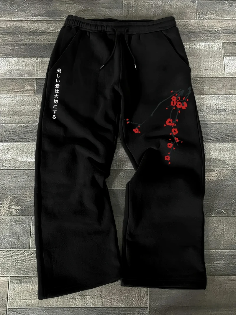 Men's casual athletic trousers—sweatpants featuring a plum blossom print, designed with a drawstring waist and a wide-leg fit.