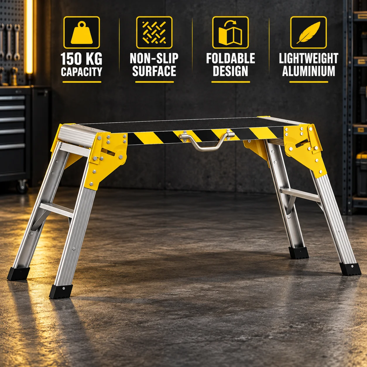 Piattaforma di lavoro pieghevole in alluminio, banco da lavoro portatile resistente fino a 150 kg con superficie antiscivolo, strisce riflettenti per la sicurezza e maniglia per il trasporto,