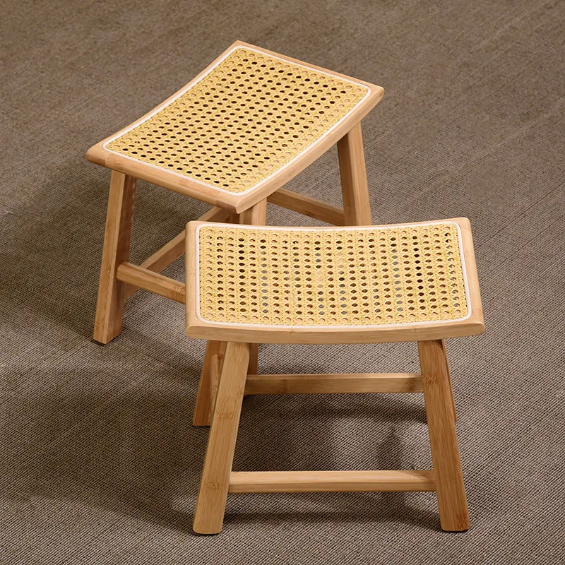 Solid Wood Stool with Rattan Seat, Multi-Purpose Low Bench for Home, Bathroom & Outdoor Use