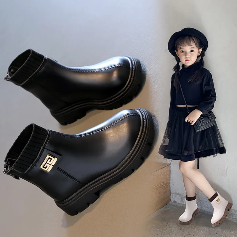 2023 Autumn/Winter New Girls' Boots, Big Girls' Short Boots, Solid Color Wool Mouth, Mid Sleeve Boots