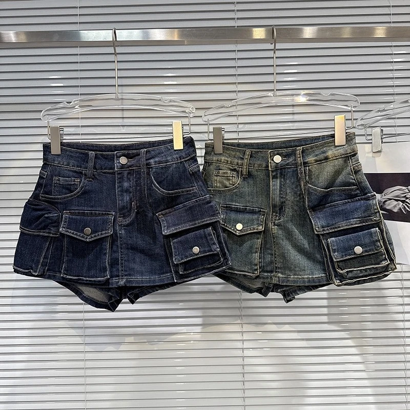 

Y2k Harajuku New Denim Mini Skirt Solid Color Oversized Pocket Casual Black Goth Pleated Plaid Skirt Fashion Sexy Girl Skirts