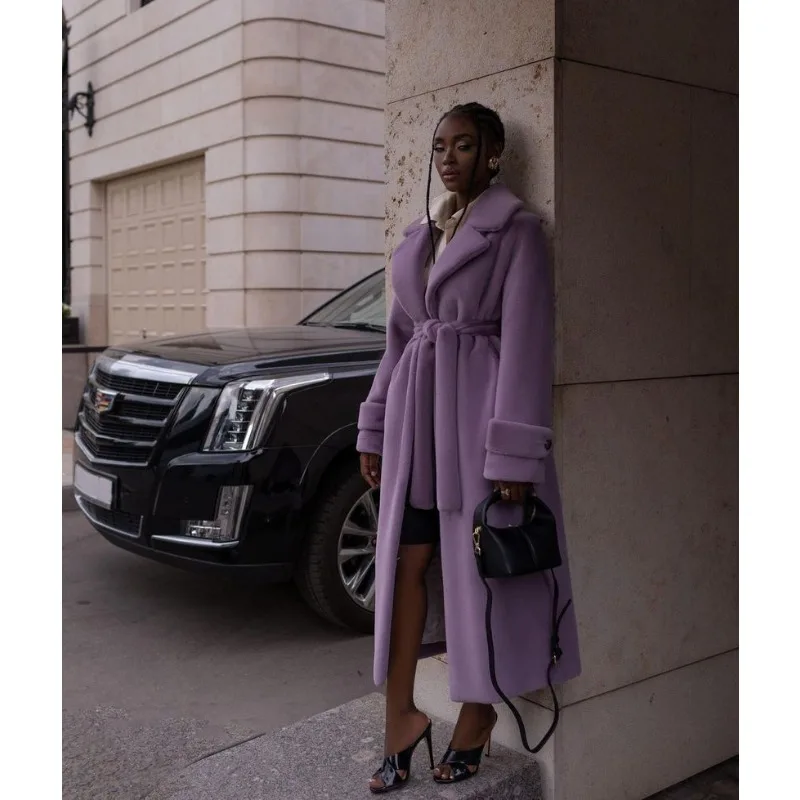 Winter Luxury High-end Long Fur Coat Women Belt Faux Fur Trench Coat Fluffy Furry Soft Warm Thick Fur Outerwear Design Coats