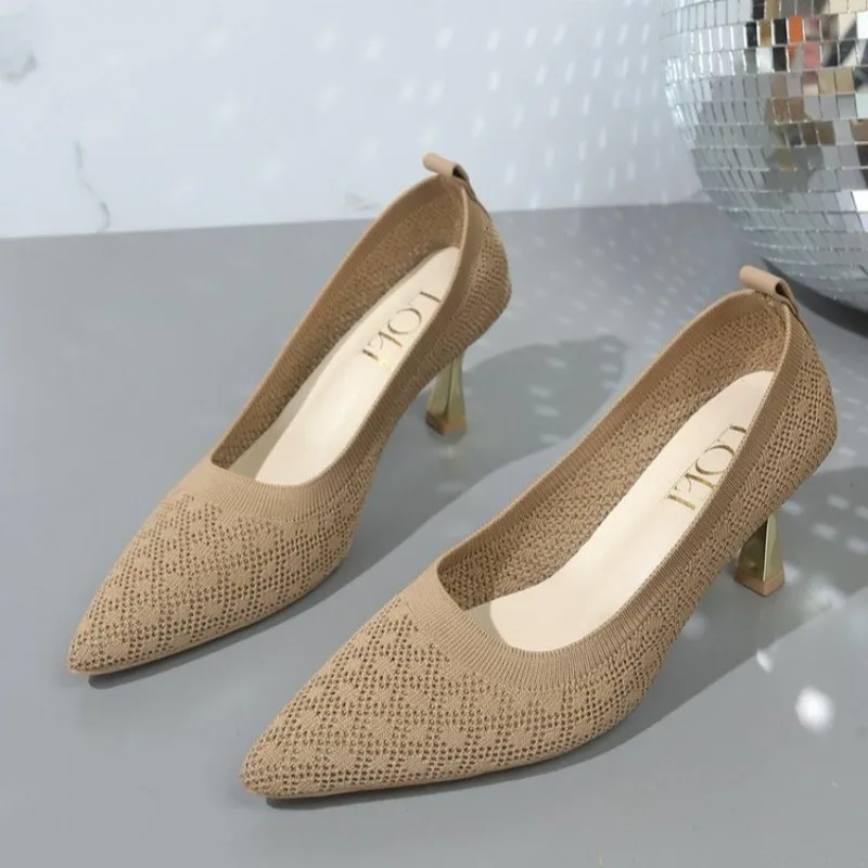 Women High Heel Shoes Knit Breathable Pumpd  Apricot Thin Heels Mesh Pointed Single Shoes Casual Pointed Toe Tacones Mujer 2024