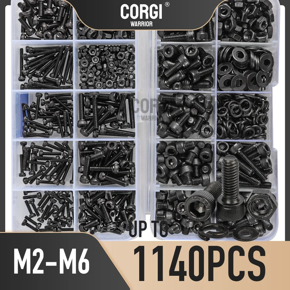 Black Metric Hex Socket Head Cap Screws Assortment Kit M2 M2.5 M3 M4 M5 M6 up to 1140 DIN912 12.9 Allen Bolt with Nuts Washers