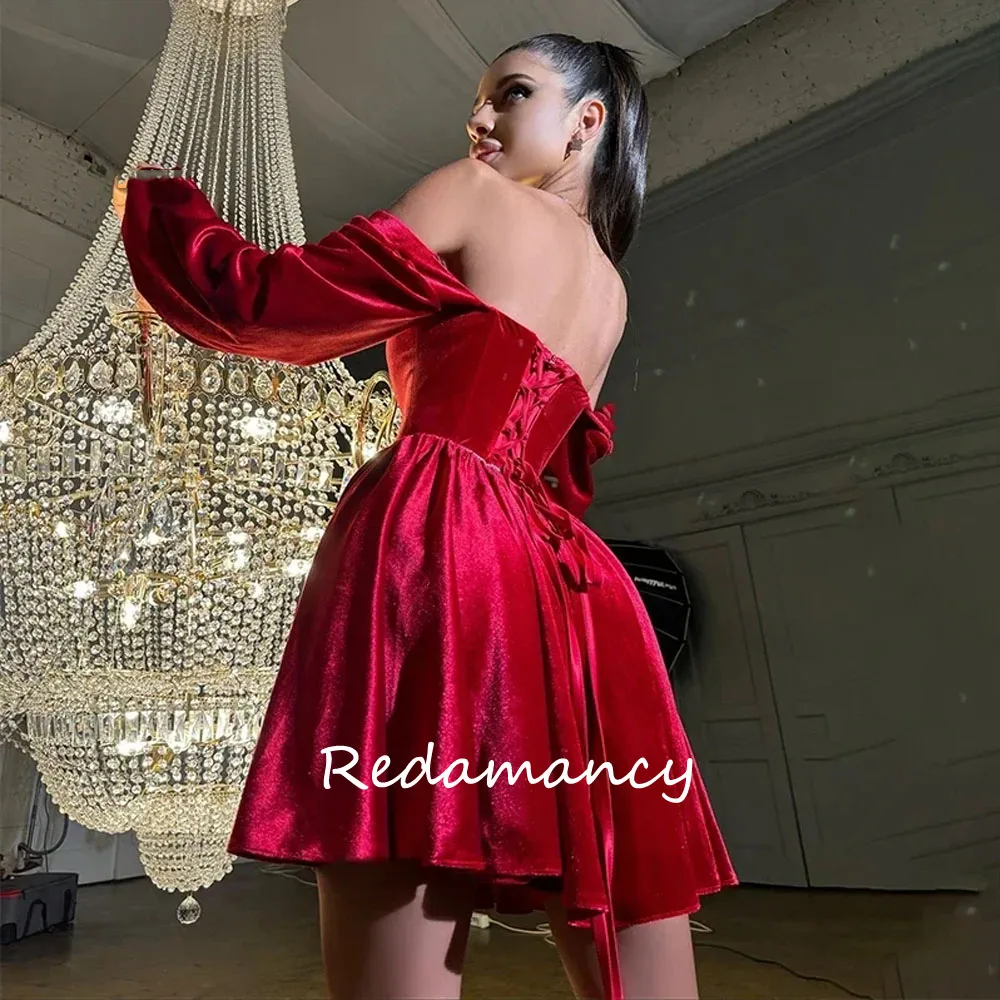 Redamancy Customized Women Velvet Party Dress Elegant Diamonds Long Sleeves Prom Dresses Lace Up A-line Mini Vestidos Para Mujer