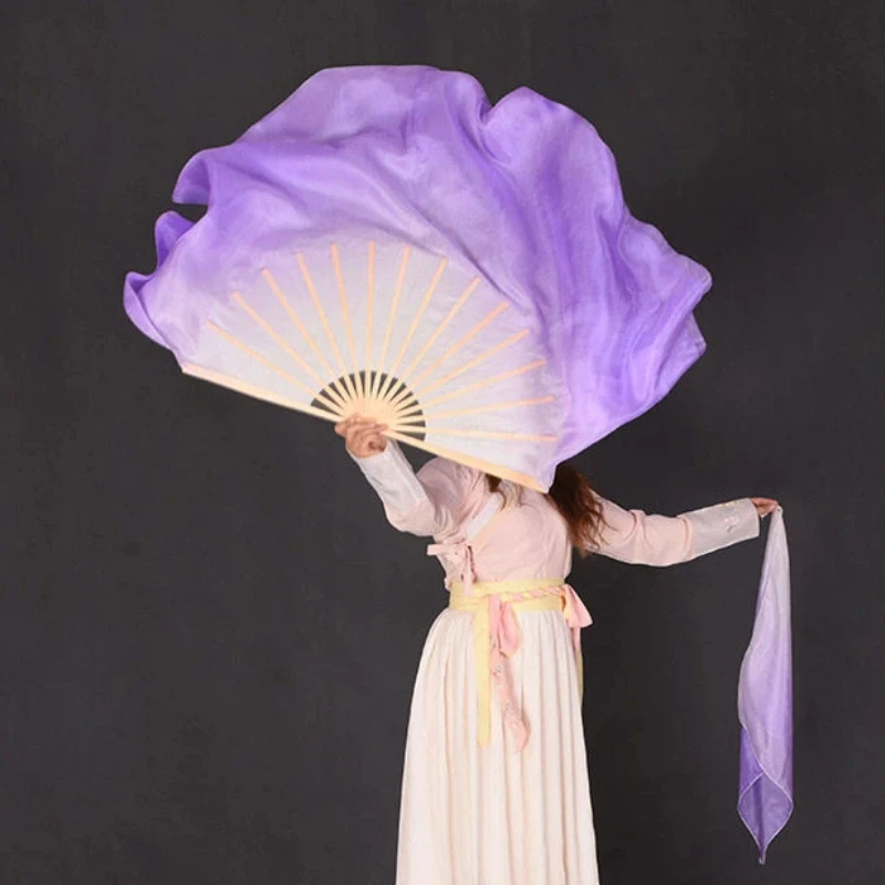 Real Silk Dance Fan Chinese Dance Double-sided Long Silk Fan Square Dancing Group Performance Dance Two Sides Fan Purple White