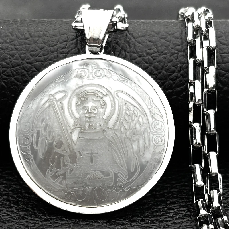 

Archangel Michael Cross Pendant Necklace For Women Men Stainless Steel Natural Shell Christianity Faith Chain Jewelry Accessory