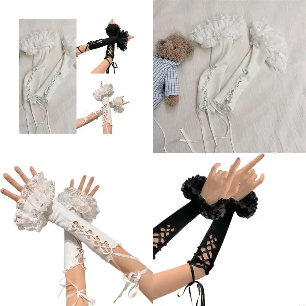 

72XE Breathable Punk Arm Covers With Lace Trim and Ribbon Tie Up Design For Stage Performances And Theme Parties Props