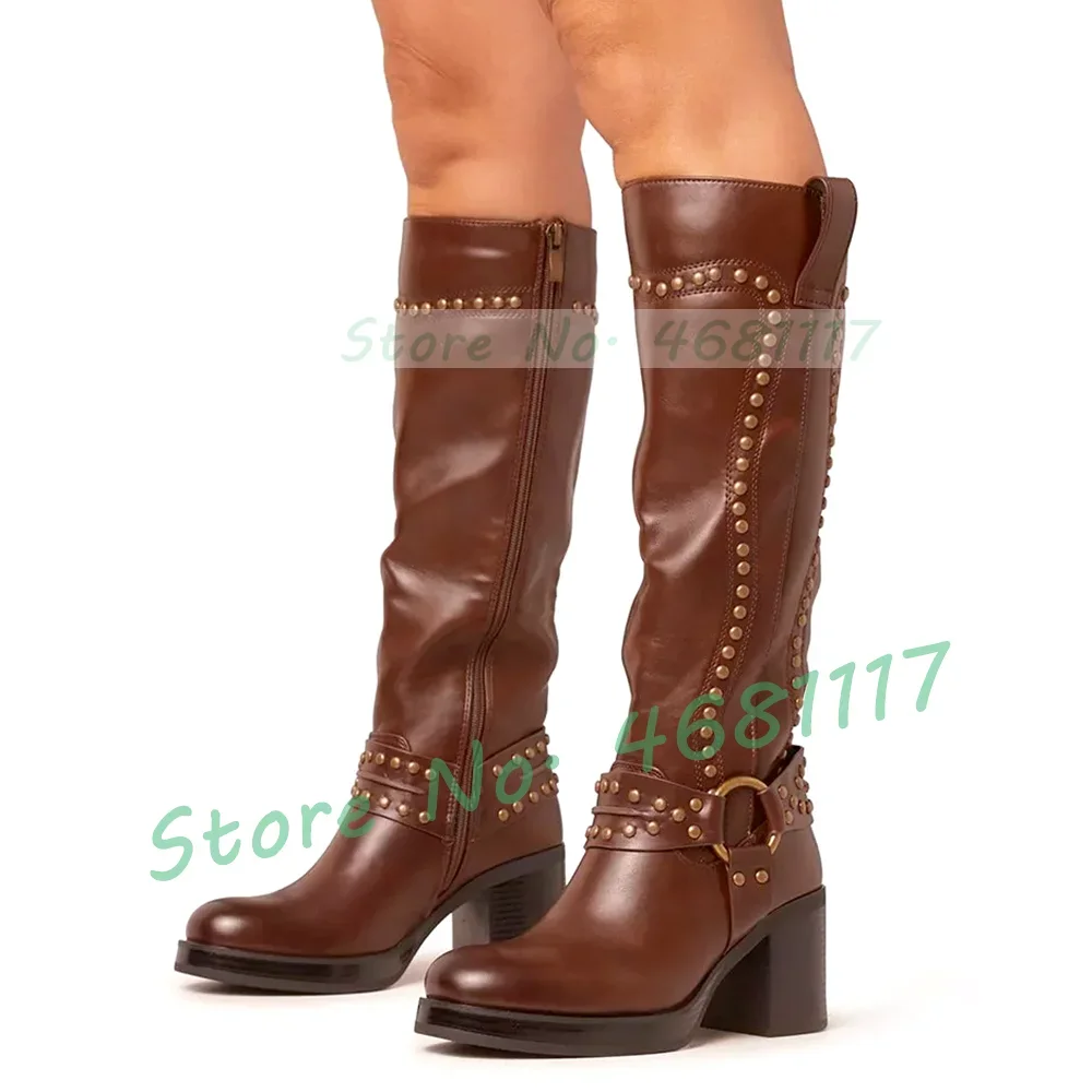 

Studs Ring Detail Block Heel Knee High Boots In Black Women Low Platform Rivets Tall Boots Spring Round Toe Brown Western Boots