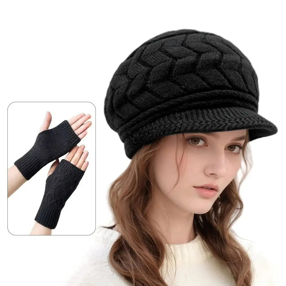 2 unids/set de gorros de lana de invierno para mujer, conjunto de guantes, gorro de punto suave y cálido, gorro con protección para los oídos a prueba de viento, guantes para exteriores