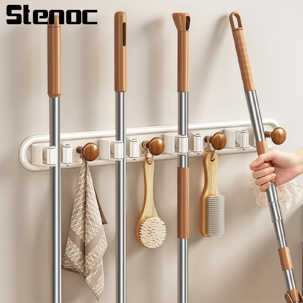 No Drilling Bathroom Mop Broom Holder With Hook Wall Mount Storage Shelves Multi-Functional Broom Hanger Shelf Storage Clip Hook