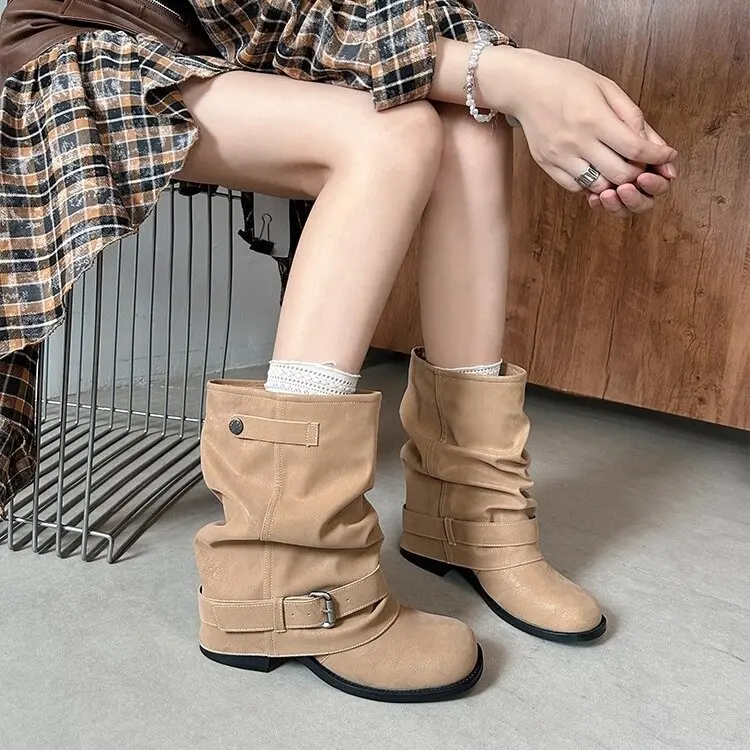 

Женские ботинки с круглым носком и увеличенной высотой, ботильоны до середины икры в западном ковбойском стиле, женская плиссированная дизайнерская обувь на массивном каблуке