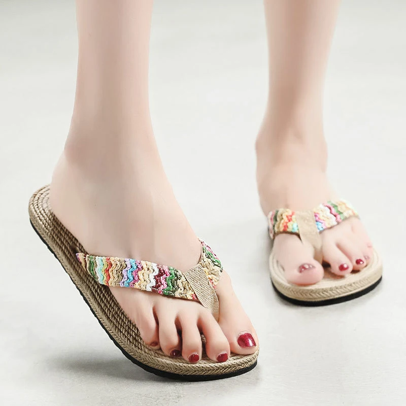 2024 Woven Flip-flops For Women Summer Fashion Casual Trendy Outer Wear Wedge Beach Flip-flops Flower Thick Soles