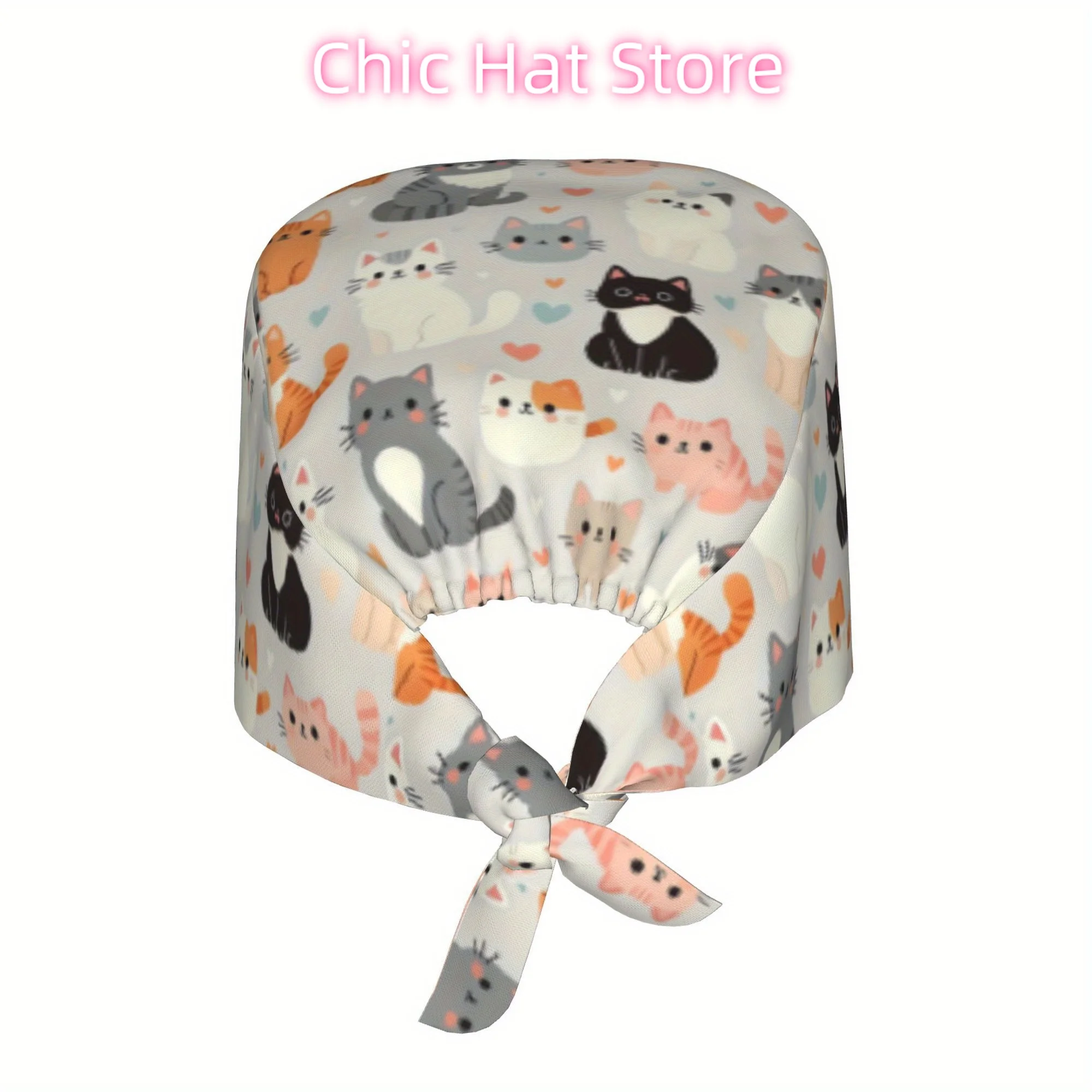 1pc Unisex Cat Print Work Cap - Adjustable, Lightweight & Dustproof Nurse Hat with Tie-Back Design, Stylish Scrub Cap for Men &