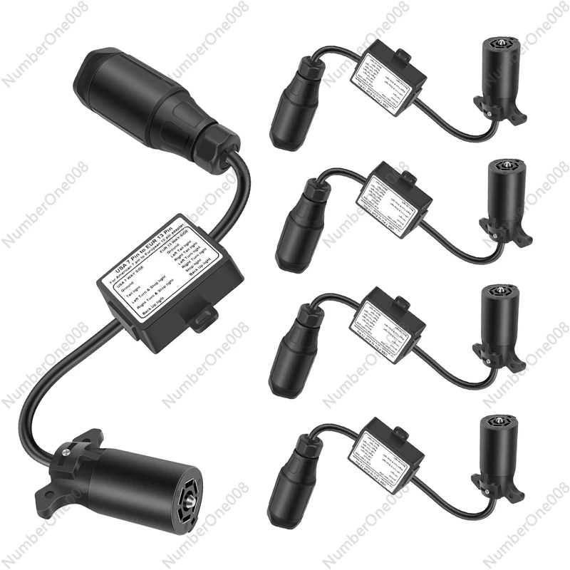 5X USA To European Trailer Light Converter 7 Way Flat Socket (US Vehicle) To 13-Pin Round Plug (EU Trailer)