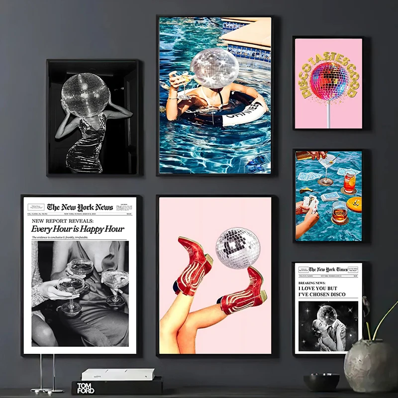 

Disco Ball Dancefloor Disco Party Posters Prints Retro Cocktail Champagne Canvas Painting Bar Club Wall Art Picture Home Decor