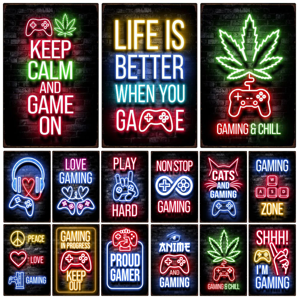 Vintage Gamer Quotes, Neon Light, Metal Tin Sign, Gaming Time Plates, Gaming Zone Decor for Playroom, Living Room Poster, WY197