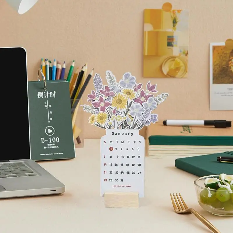 Calendario de escritorio de flores 2024, planificador de escritorio compacto con forma de florero, grabable, planificadores de año para mesa de comedor y mesita de noche, 2024