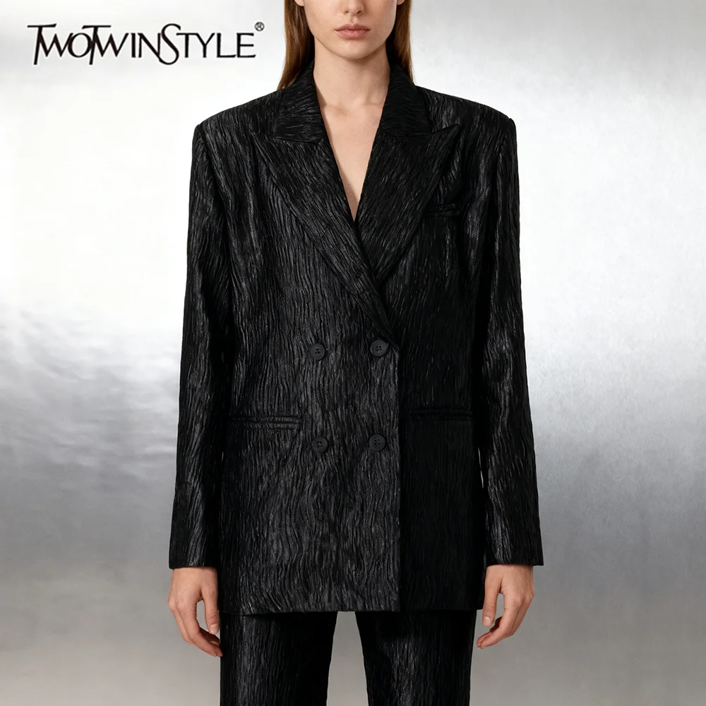 

TWOTWINSTYLE Solid Loose Spliced Folds Temperament Blazers for Women Lapel Long Sleeves Vintage Blazer Female Autumn Clothes New