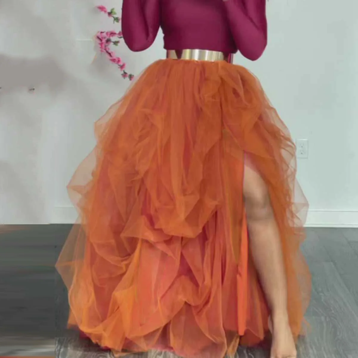 

Puffy Burnt Orange Tutu Skirts Side Slit Long Skirts Tulle Elastic Waistband jupe femme Floor Length Lush Maxi Skirt Women