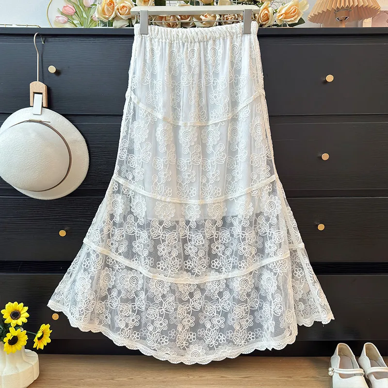 Semi Sheer Lace Maxi Skirt Embroidered Floral Flowy A-Line Knitted Skirts Women Summer Beach Long Skirt Retro Boho Vacation