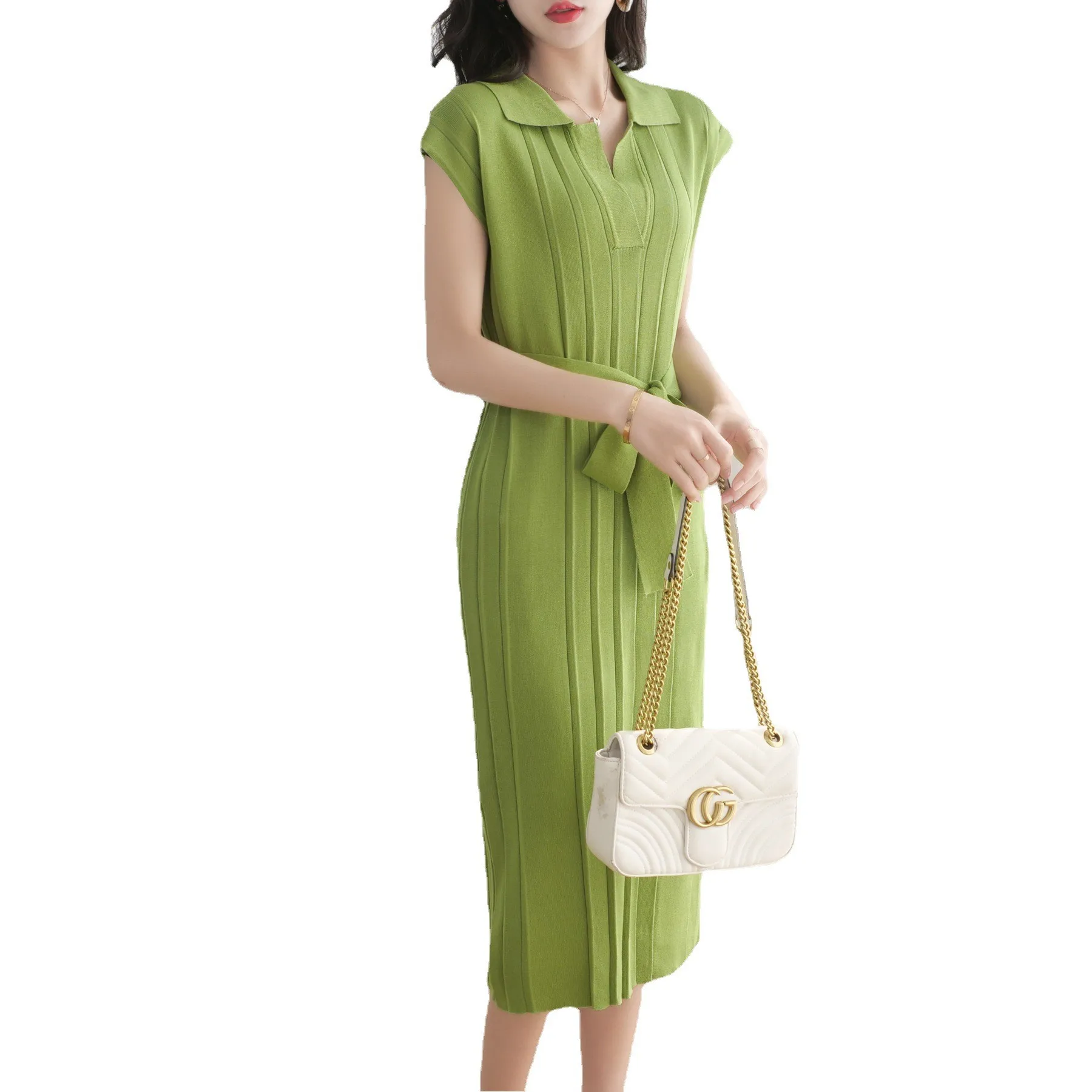 E Vestido de Punto Primavera Verano 2024 Vestido Midi Hoado con Cinturón para Mujer Cuello  Manga Larga Ropa de ...