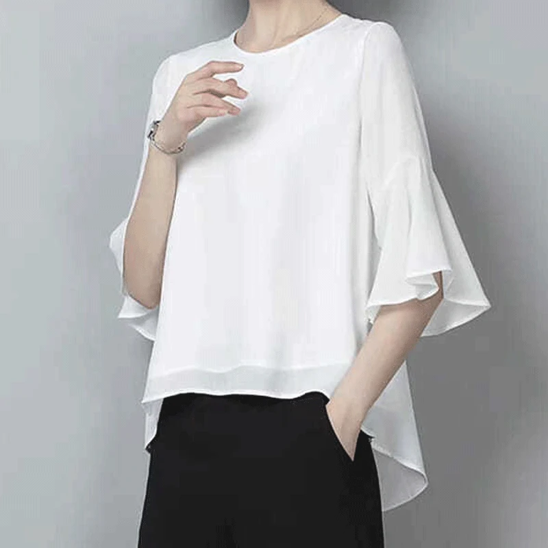 Women's Chiffon Shirt New Summer Style Solid Color Half-sleeve Round-neck Western-style Top Loose Irregular and Simple Commuting