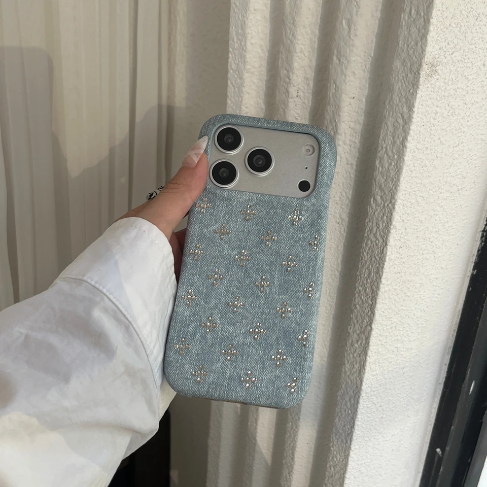 Retro Trendy Cool Blue Black Denim Texture Rivet  Small Flower Shock Proof Phone Cover Case for iPhone 17 16 15 14 Pro Max, image 4