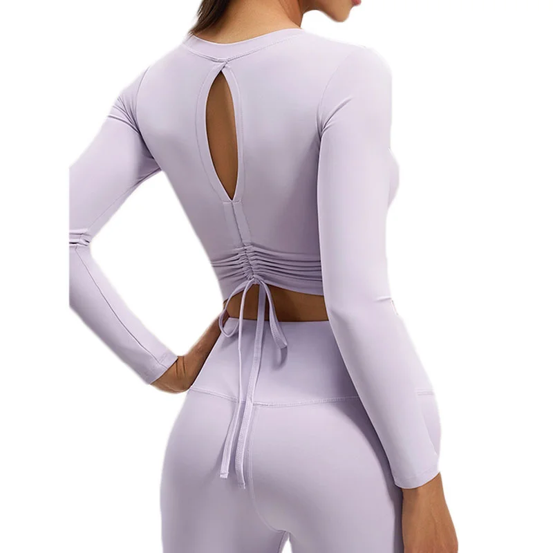 

PofyBofy с открытой спиной для йоги с длинным рукавом, зима-осень, со сборками на спине, для спортзала, с длинными рукавами, сексуальная спина со встроенным бюстгальтером, тренировочная рубашка