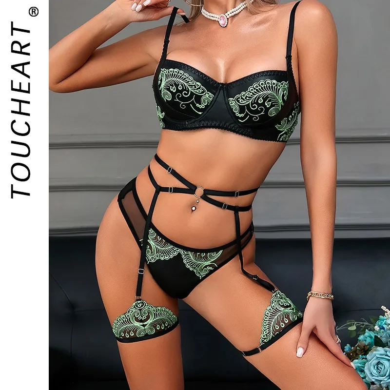 

Toucheart Embroidery Lace See-through Sexy Interesting Bow Knot Underwear Panty Slim Spaghetti Strap Steel Ring Mesh Sexy Set