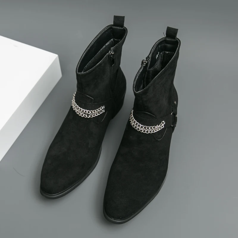 

Men High Top Boots Imitation Suede Solid Color Fashionable Chain Decoration Comfortable High Heels Men Boots