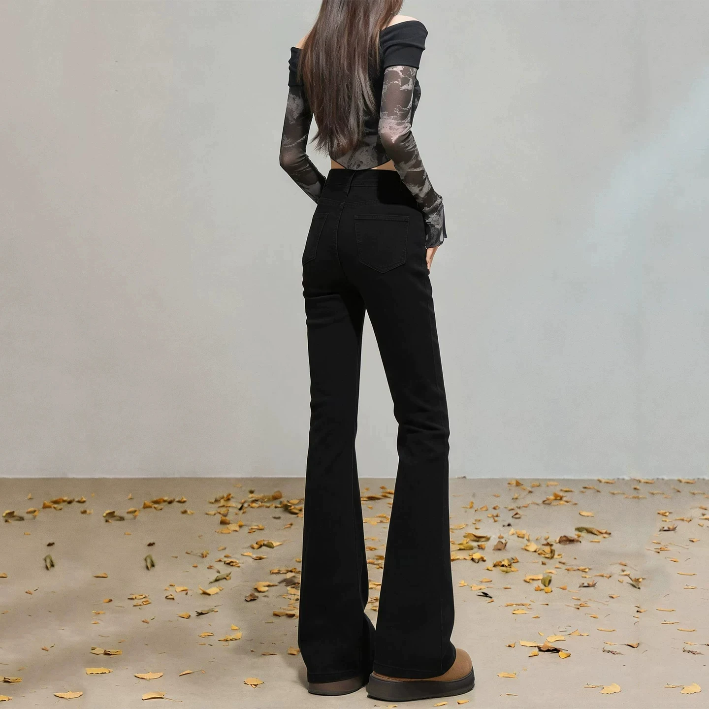 Black Slim Fit Micro Flare Jeans Women's High Waist Elastic Miniature Jeans Cotton Stretch Denim Midweight Wear Resistant