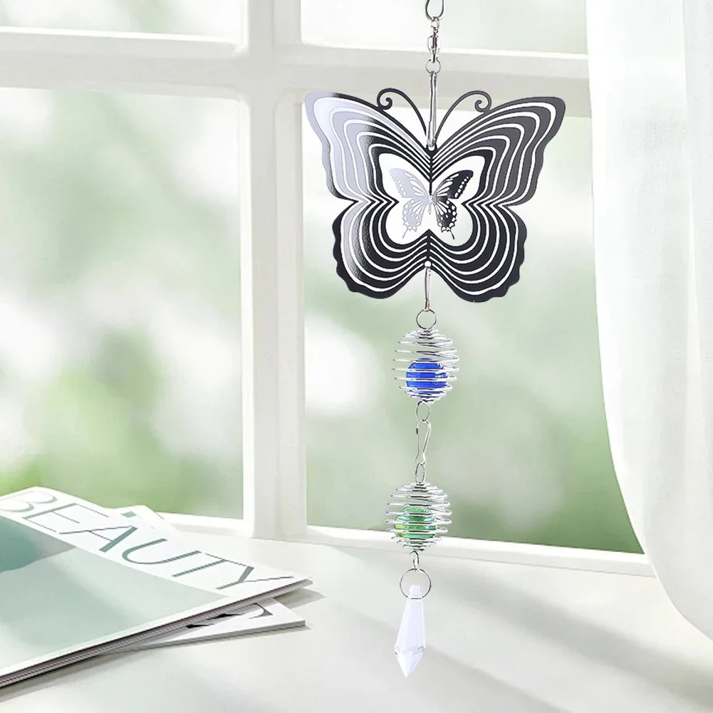 

Silvery Color Butterfly Crystal Pendant Set Creative Stainless Steel Hanging Ornament Garden Patio Wind Chime Pendant Home Decor