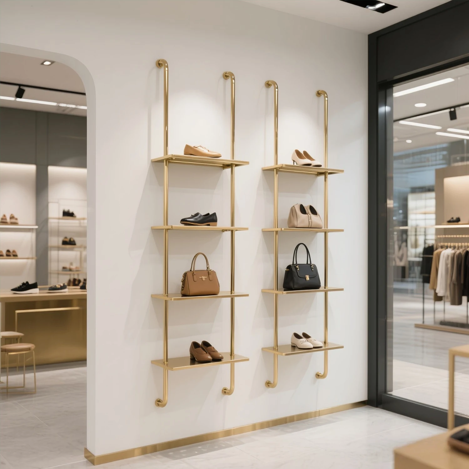 

Light luxury shopping mall shoe rack display rack shoe store clothing store upper wall stainless steel multi-layer wall hanging