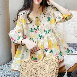 Spring Autumn Fashion Pure Cotton V-neck Printing Blouses Women's Clothing Button Sweet Versatile Floral Bishop Sleeve Blouses