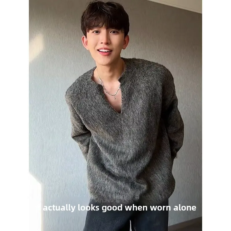 

Корейский вязаный свитер с V-образным вырезом для мужчин, свободный повседневный универсальный однотонный зимний модный теплый топ из полиэфирного волокна
