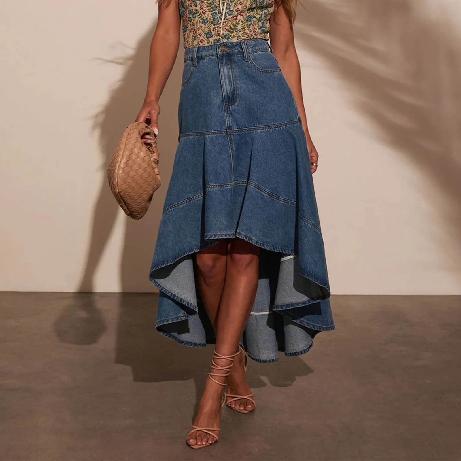 2025 femmes Vintage Denim asymétrique jupe Midi haute et basse une ligne solide Jean jupe pour l'été printemps automne