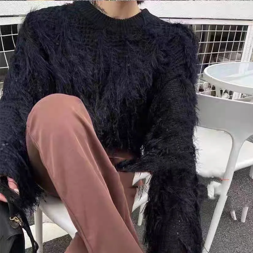 New Korean Style Fashionable Loose Tassel Feather Long Sleeved Female Knitted Tops Women\'s Sweater Knitting Pullover Black White