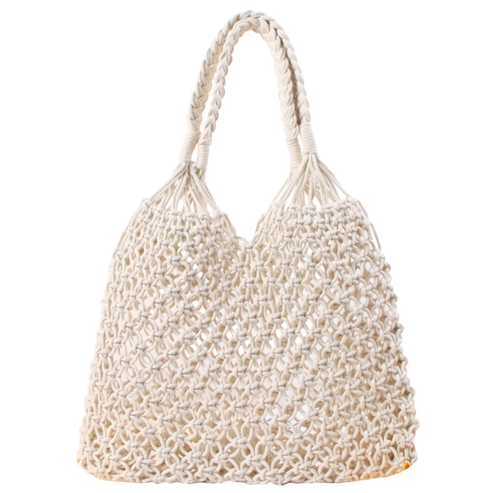 Grid Beach Bag The Tote Crochet Straw Summer Cotton Rope Woven Shopping Bags Trendy Handbag