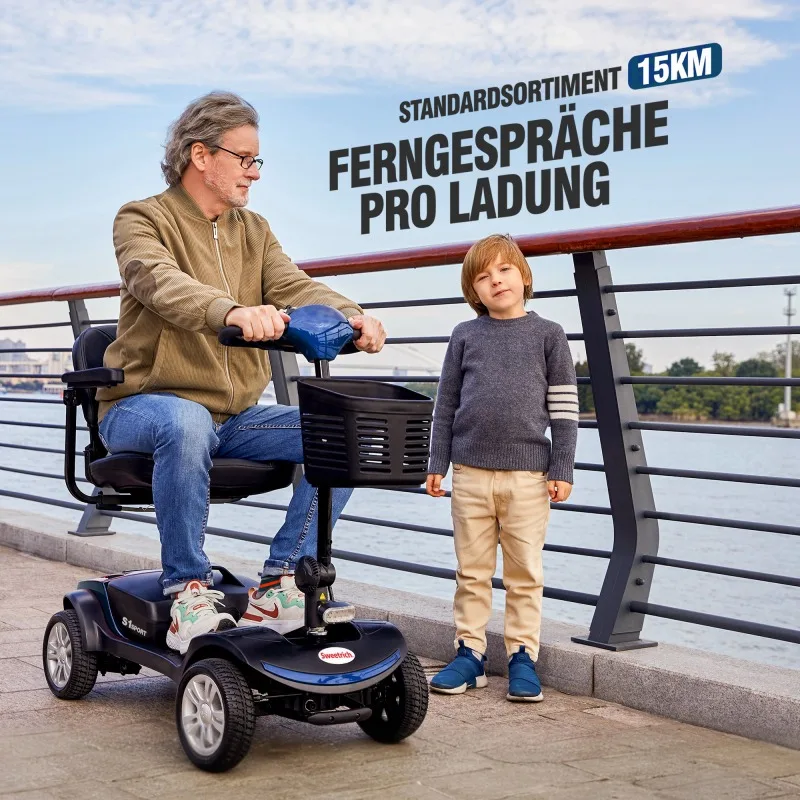 Scooter électrique à quatre roues pour seniors, moteur 300 W, capacité de charge 136 kg, vitesse maximale 6 km/h, batterie amovible, 360 °   siège rotatif, aucun permis de conduire requis – S1 SPORT BLUE