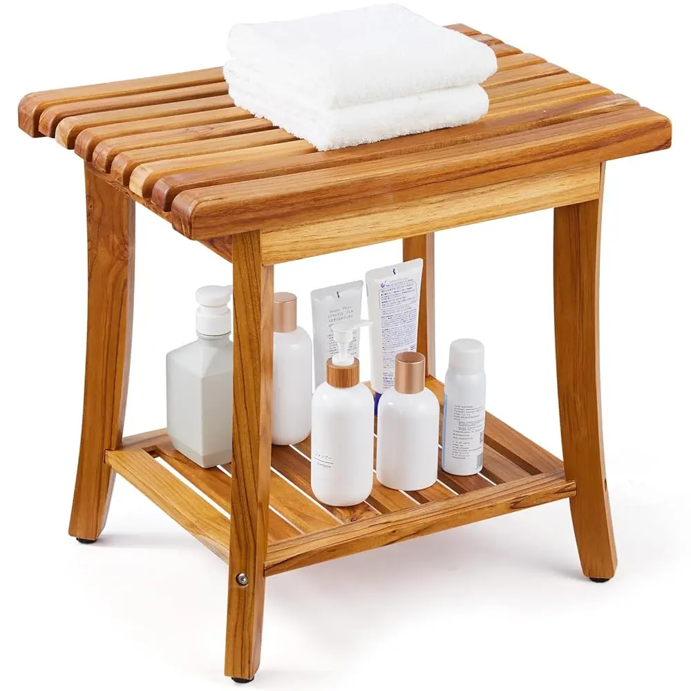 

Teak Shower Bench, 20In Waterproof Wood Shower Stool With Storage Shelf Non-Slip Foot Pads, 400 Lbs Load Acity Shower Chair