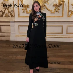 WHOSAY Black Satin Prom Dresses Customized Colorful Crystals Evening Gowns High Collar Long Sleeves Saudi Wedding Guests Dress