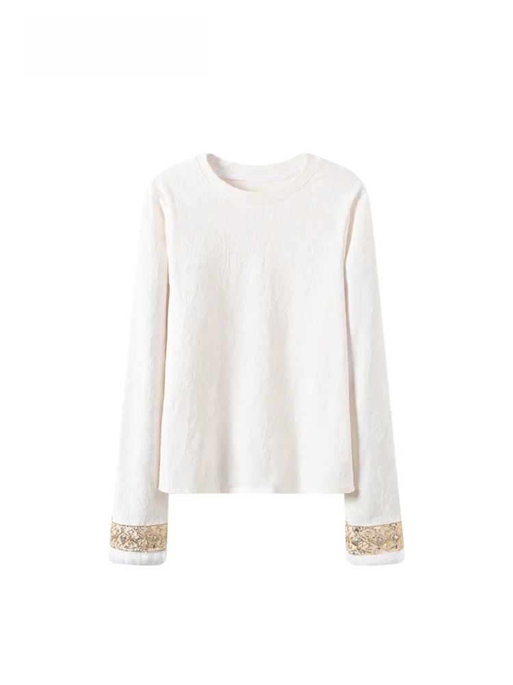 

Свободная женская зимняя футболка с длинным рукавом и круглым вырезом, новая модель, большие размеры, модная, с комбинированными вставками, повседневная, для ношения под одеждой