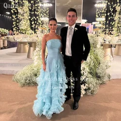 Qanz Graceful Organza Evening Dresses Strapless Ruffles Blue Vestido Formales Simples y Elegante Wedding Party Dress Customized