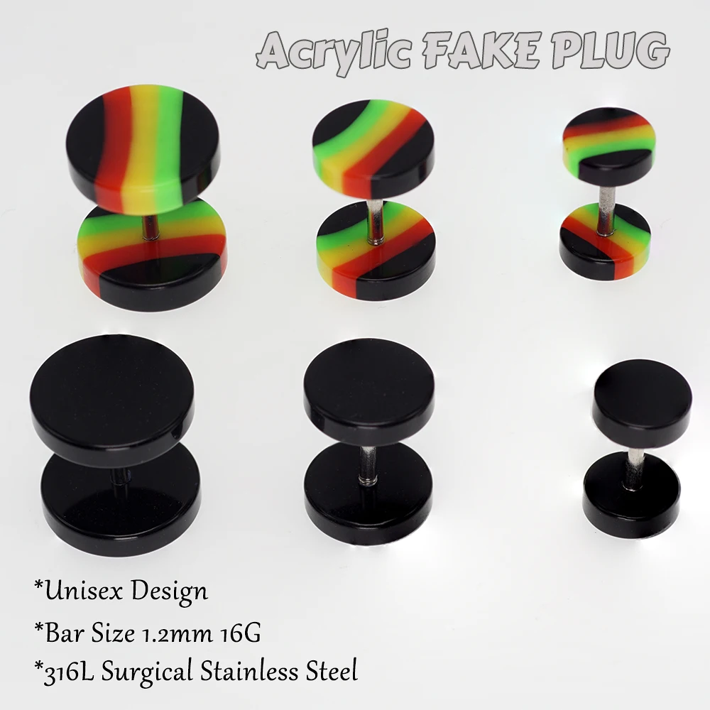 1 Pair Acrylic Fake Ear Plug Black and Rasta Stainless Steel Round Cartilage Earring Piercing Men Women Punk16G 6MM 8MM 10MM