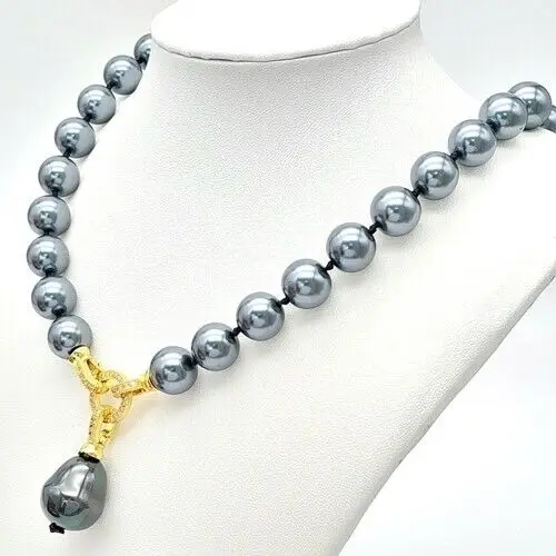 Metallic Blue/Grey South Sea Pearl Shell Necklace with Hanging Pendant. Necklace