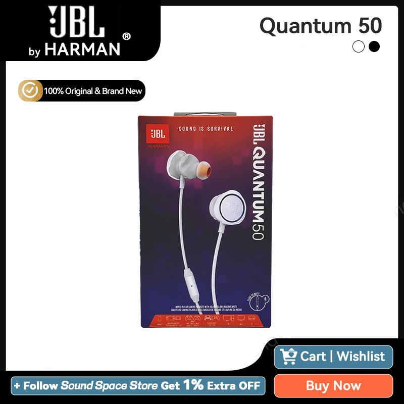 JBL Quantum 50 Wired in-Ear Gaming Headphones with Inline Control 3.5mm Earphone with Built-In Microphone