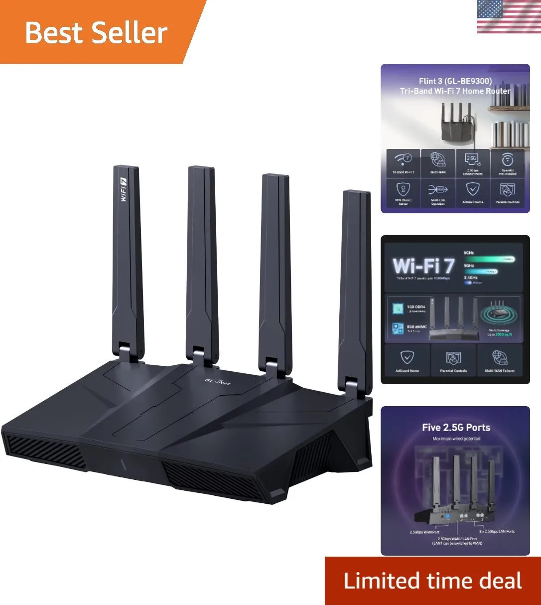 

Flint 3 Tri-Band WiFi 7 Router, High-Speed 6GHz Gaming WiFi Router for Wirele...