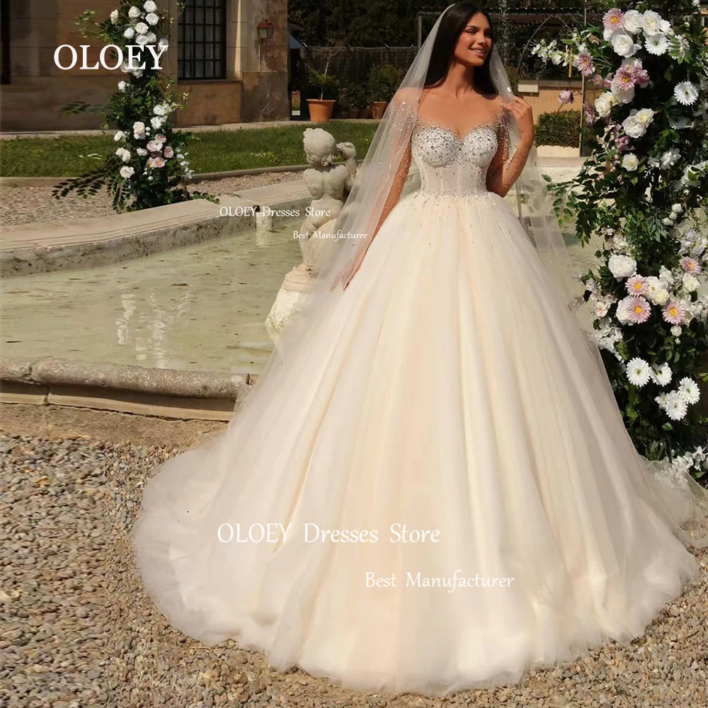 

OLOEY Exquisite Ivory Glitter Crystal Lace Wedding Dresses Vintage Off Shoulder Bridal Gowns Vestido De Noiva Ball Gown Custom